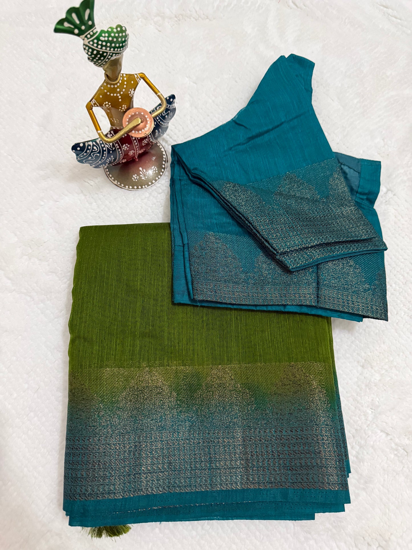 Green and Teal Semi Jute Silk Saree
