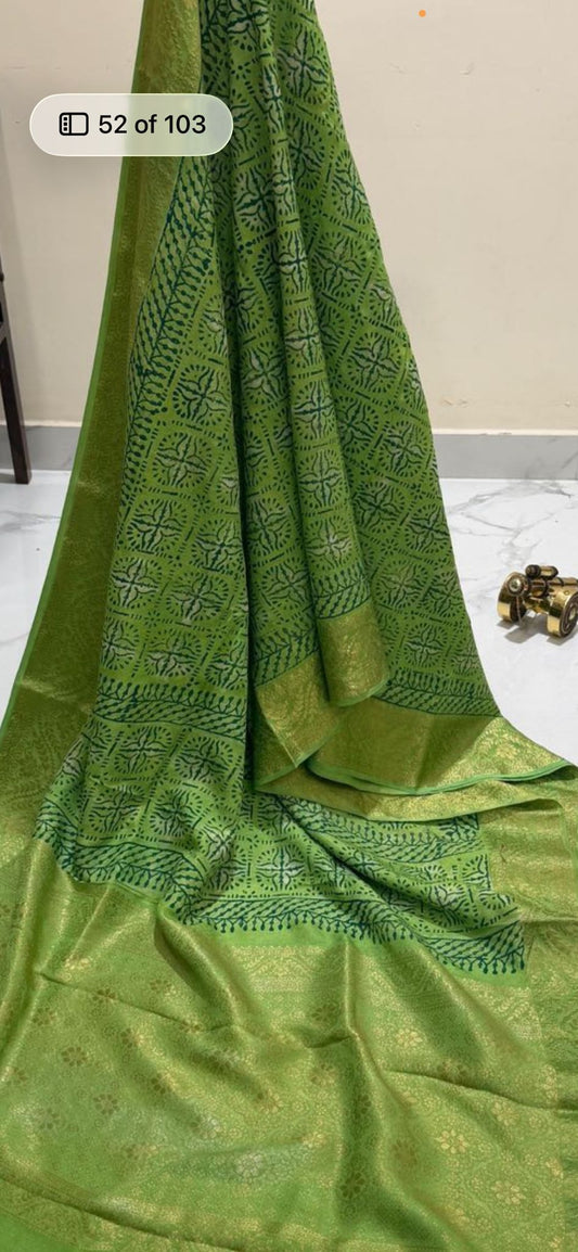Green Ajrakh Print Pure Dola Silk Saree with Zari Border