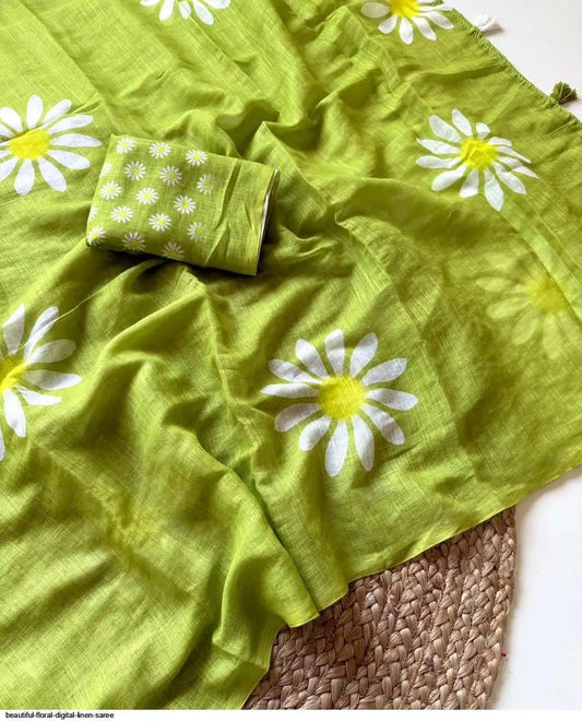 Green Floral Print Linen Saree