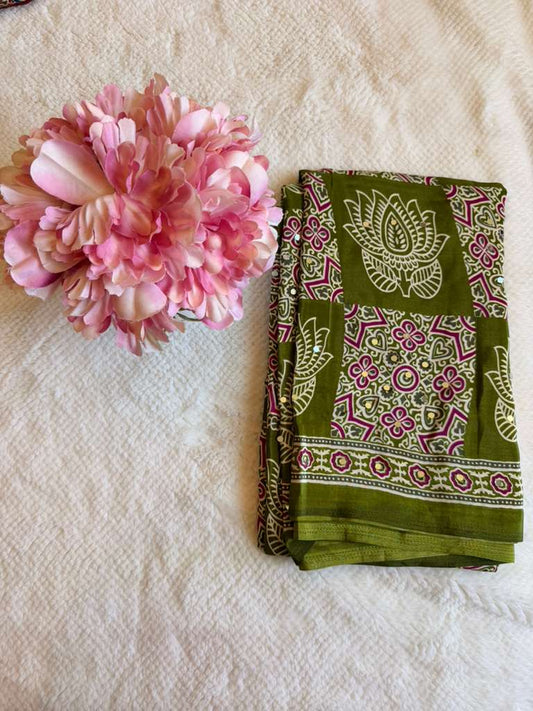 Green Ajrakh Print Mirror Work Fancy Saree