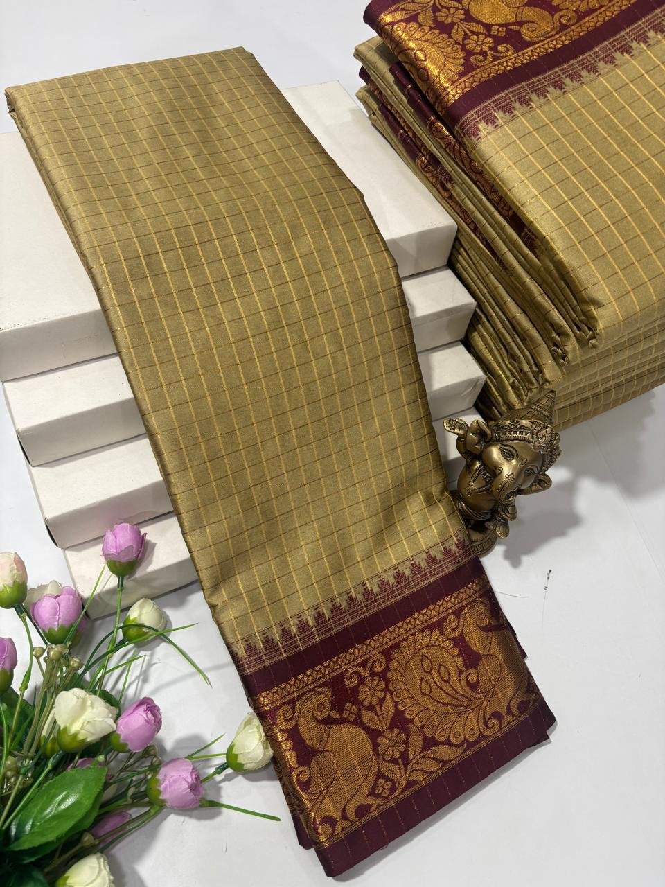 Grey and Wine Checked Fancy Silk Saree