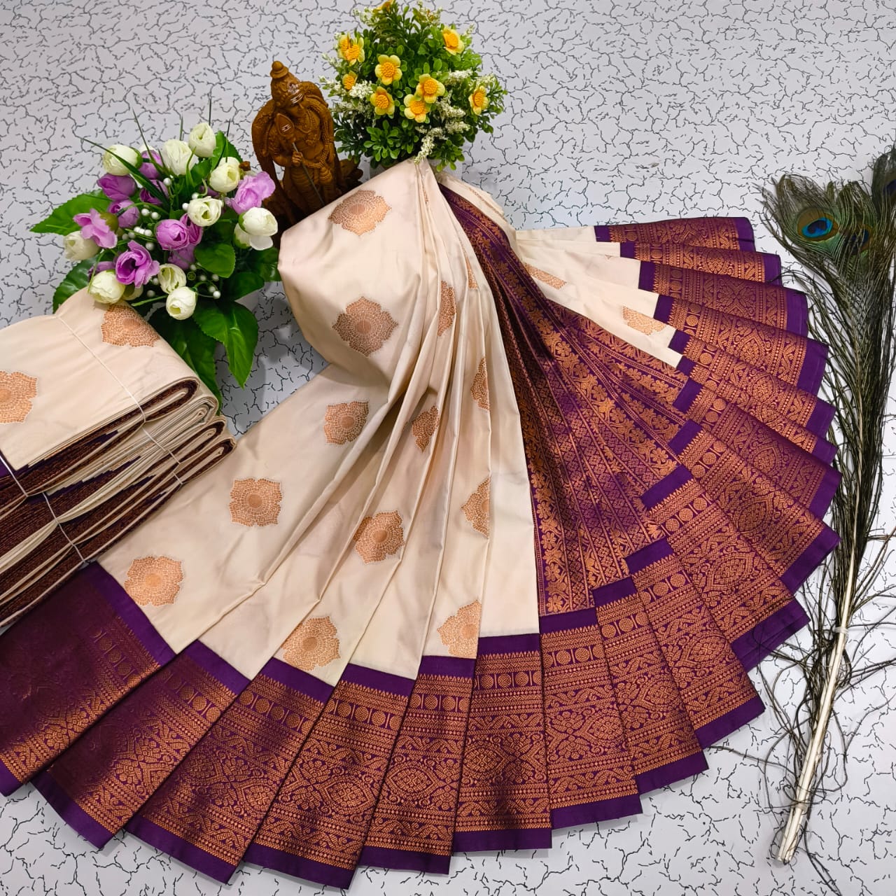 Half White and Purple Mangalyam Korvai Kottanji Tana Soft Silk Saree