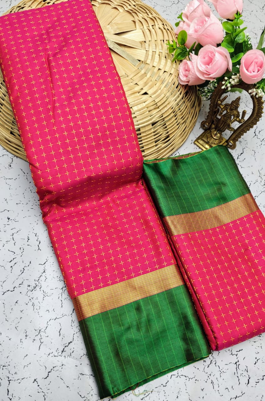 Hot Pink and Green Checked Pattern Arani Soft Silk Saree