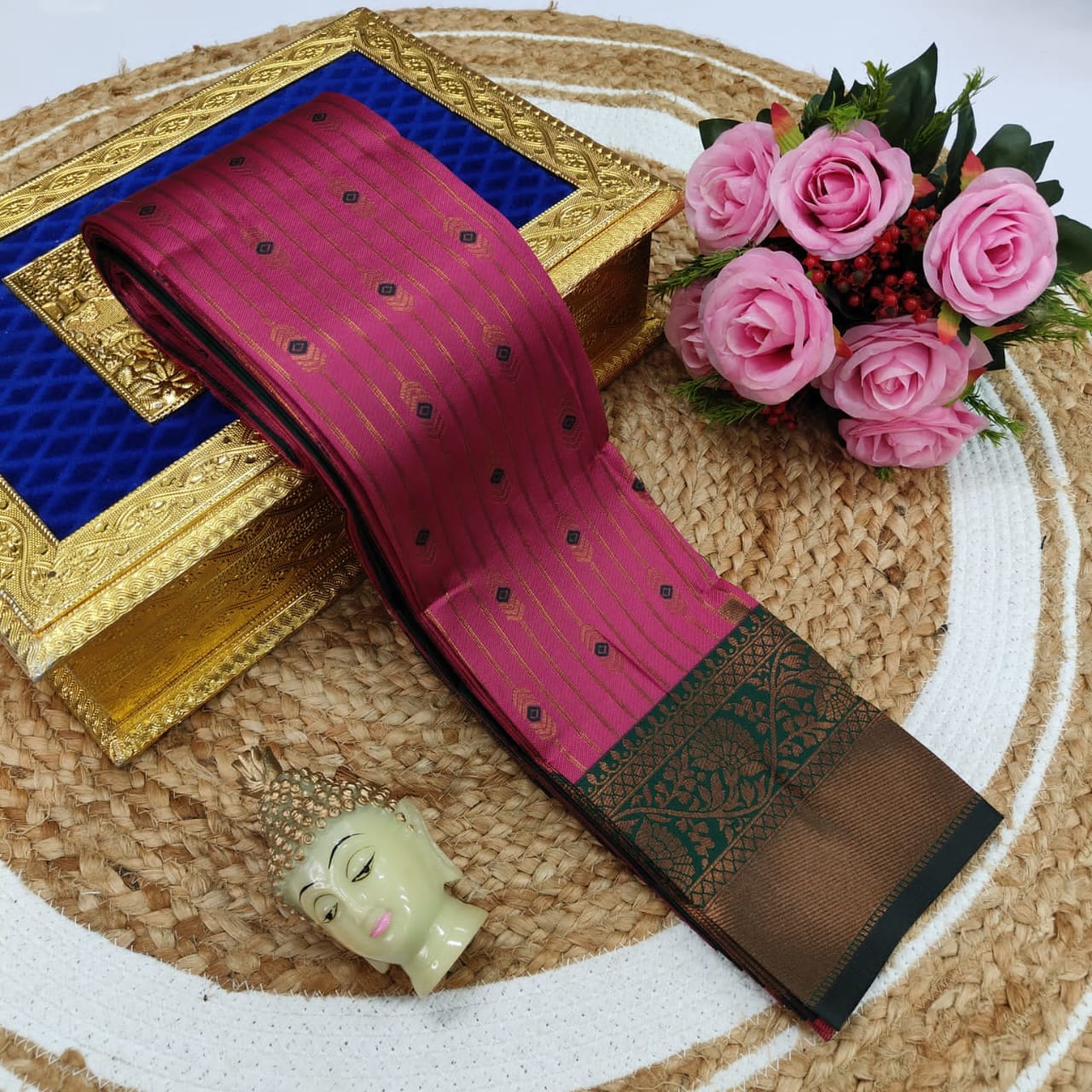 Hot Pink and Green Kubera Soft Silk Saree