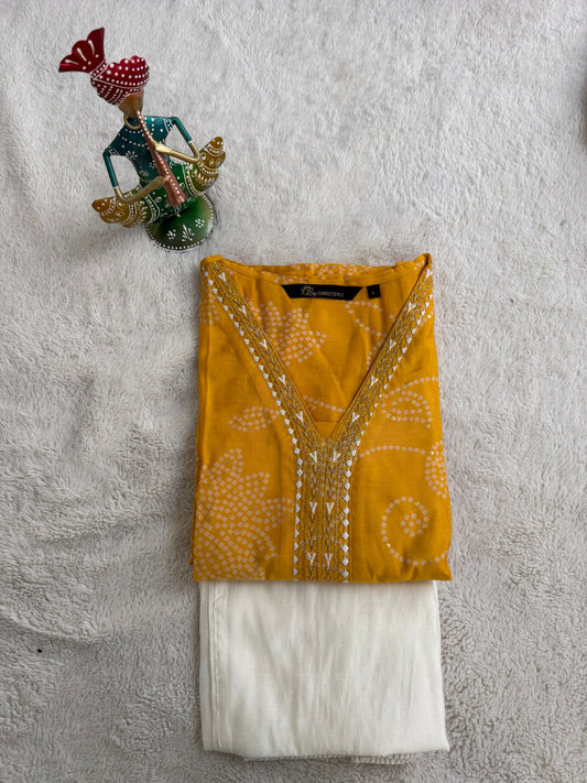 Yellow with White 2 V Neck 2-Piece Chudidar Set