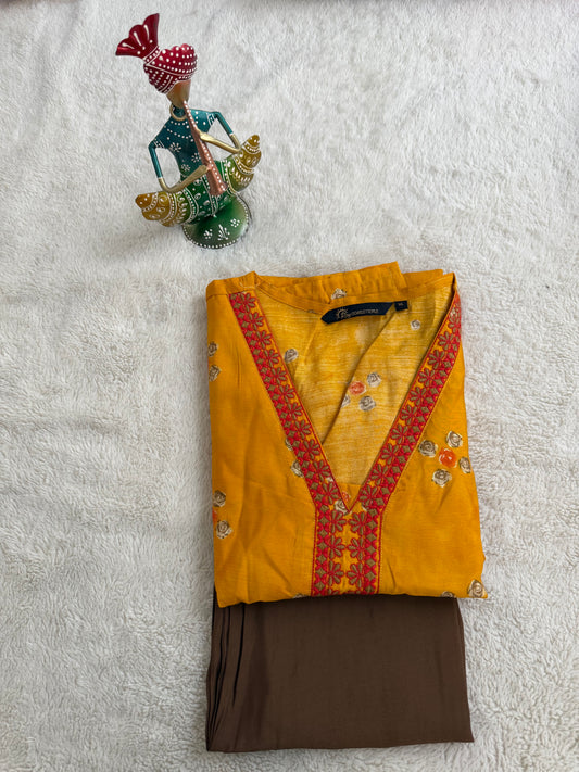 Yellow with Brown V Neck 2-Piece Chudidar Set