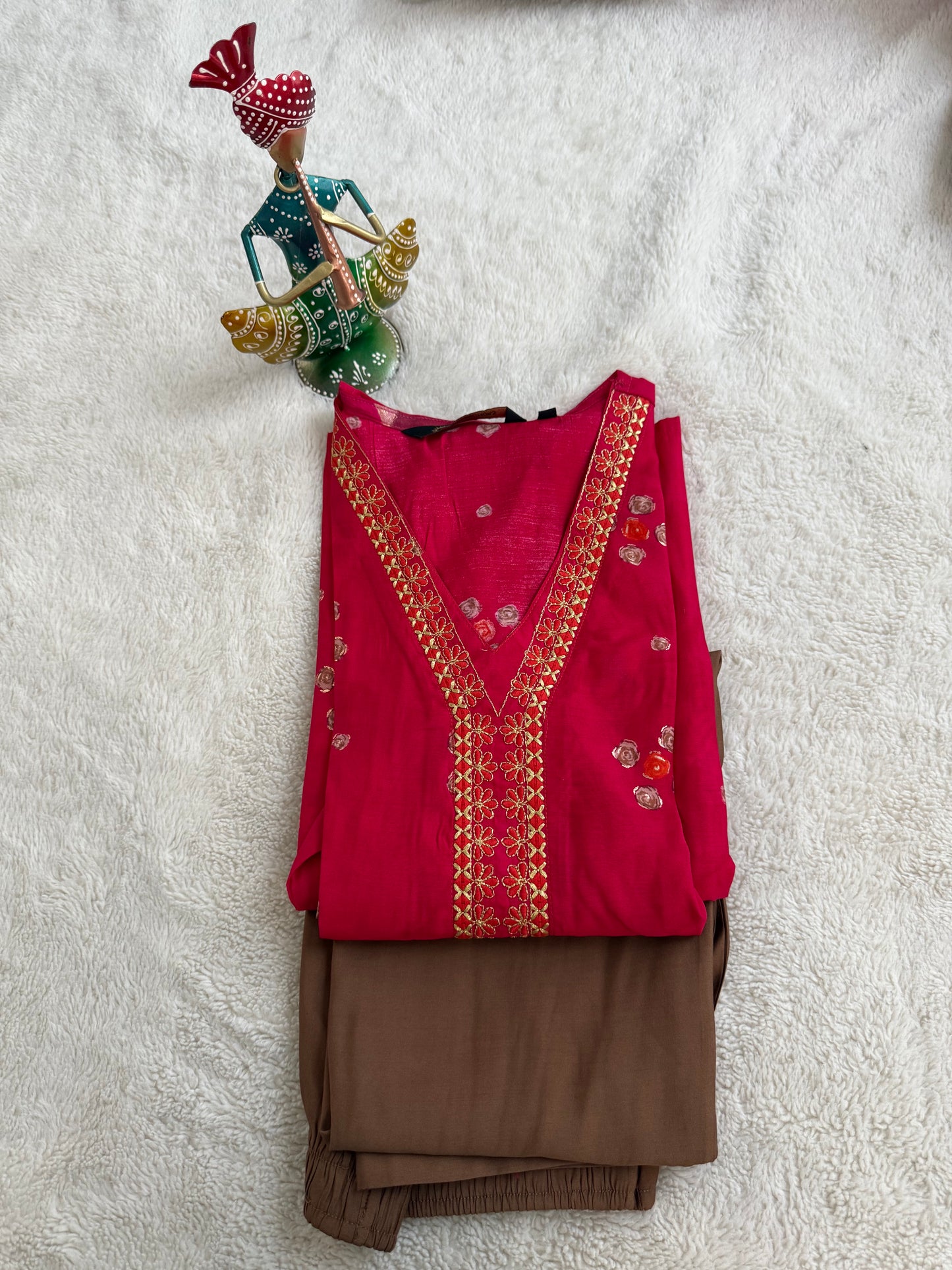 Pinkish Red with Brown V Neck 2-Piece Chudidar Set