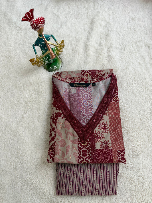 Half White with Maroon Print V Neck 2-Piece Chudidar Set
