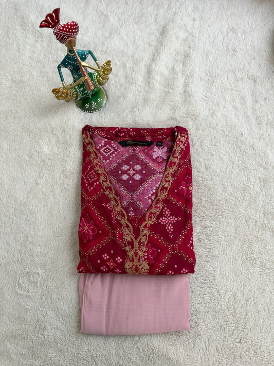 Red with Baby Pink V Neck 2-Piece Chudidar Set