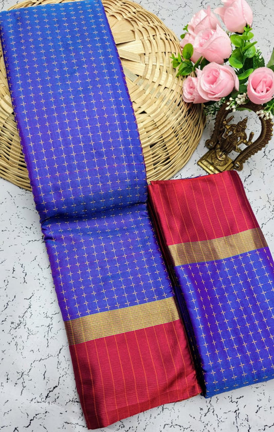 Ink Blue and Red Checked Pattern Arani Soft Silk Saree