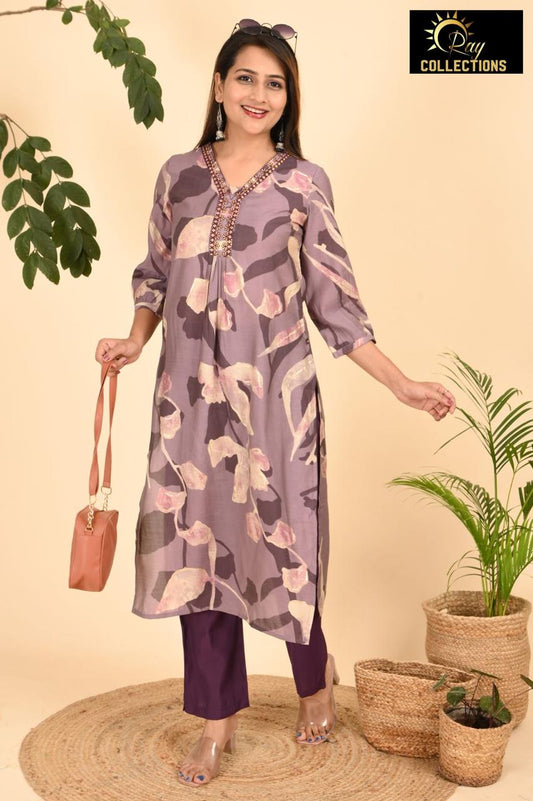 Lavender and Purple V Neck 2-Piece Chudidar Set