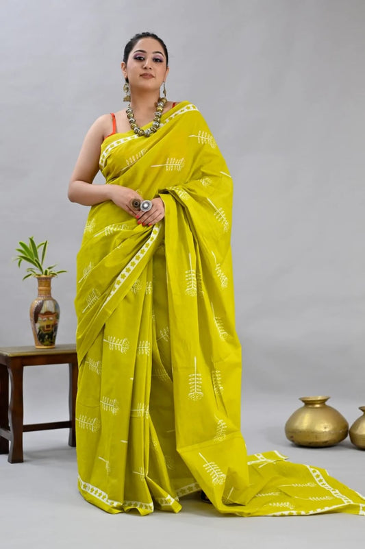 Lemon Green MulMul Cotton Saree