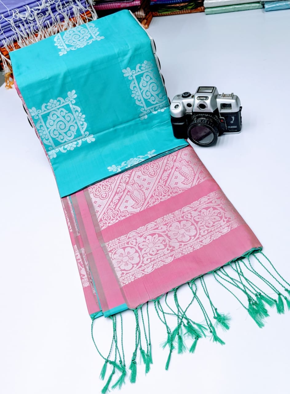 Light Blue and Baby Pink Silver Zari Kanchi Soft Silk Saree
