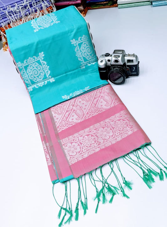 Light Blue and Baby Pink Silver Zari Kanchi Soft Silk Saree