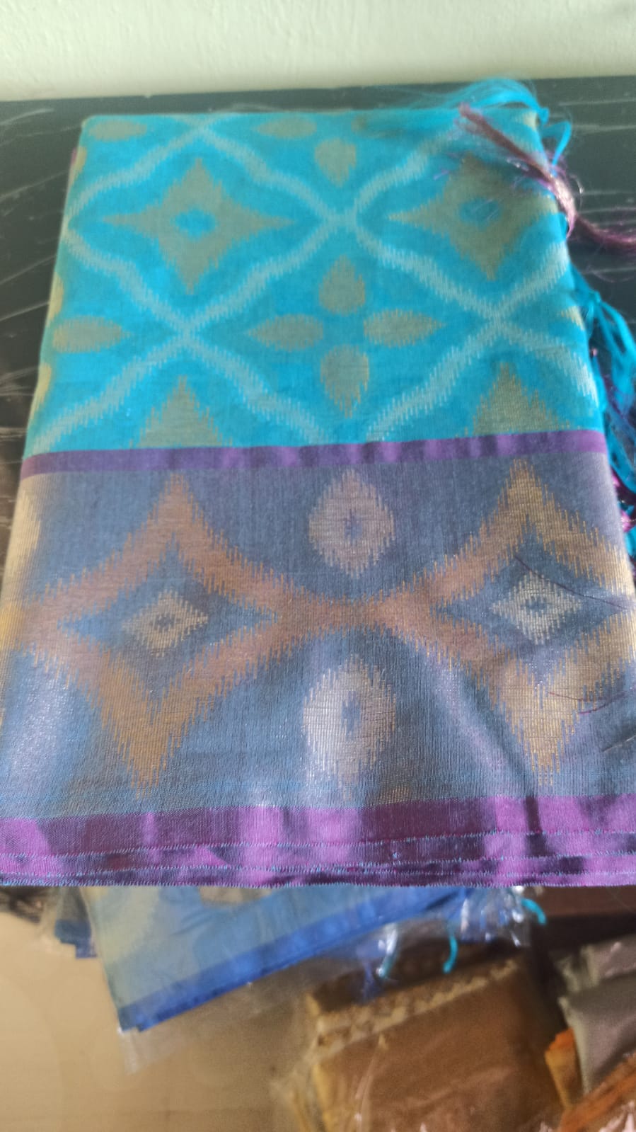 Light Blue and Purple Cotton Banarasi Pochampally Saree