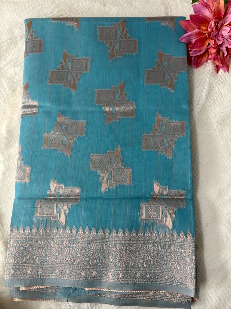 Light Blue and Gold Lambhor Linen Saree