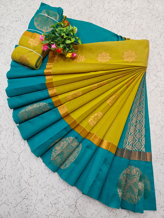 Lime Yellow and Teal Uppada Kotanji Border Silk Cotton Saree