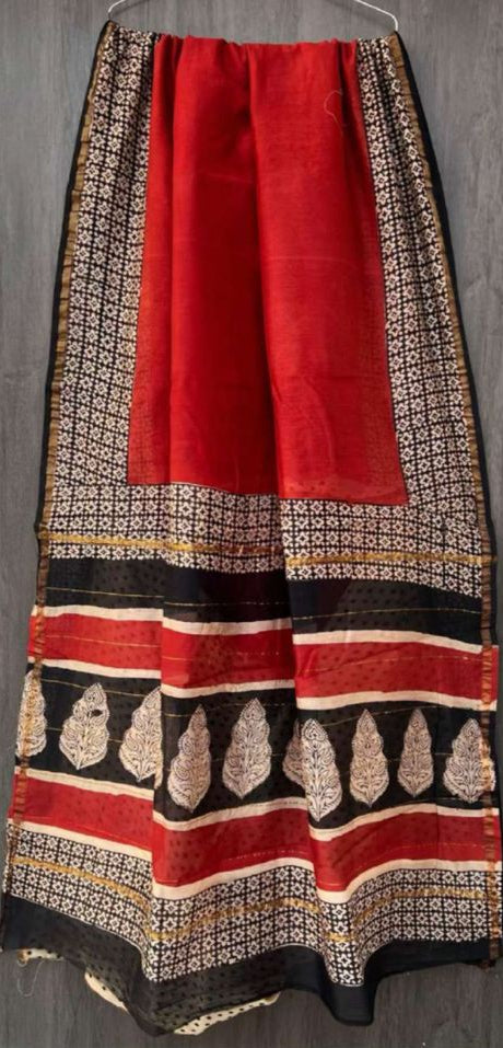 Maroon and Black Chanderi Silk Saree