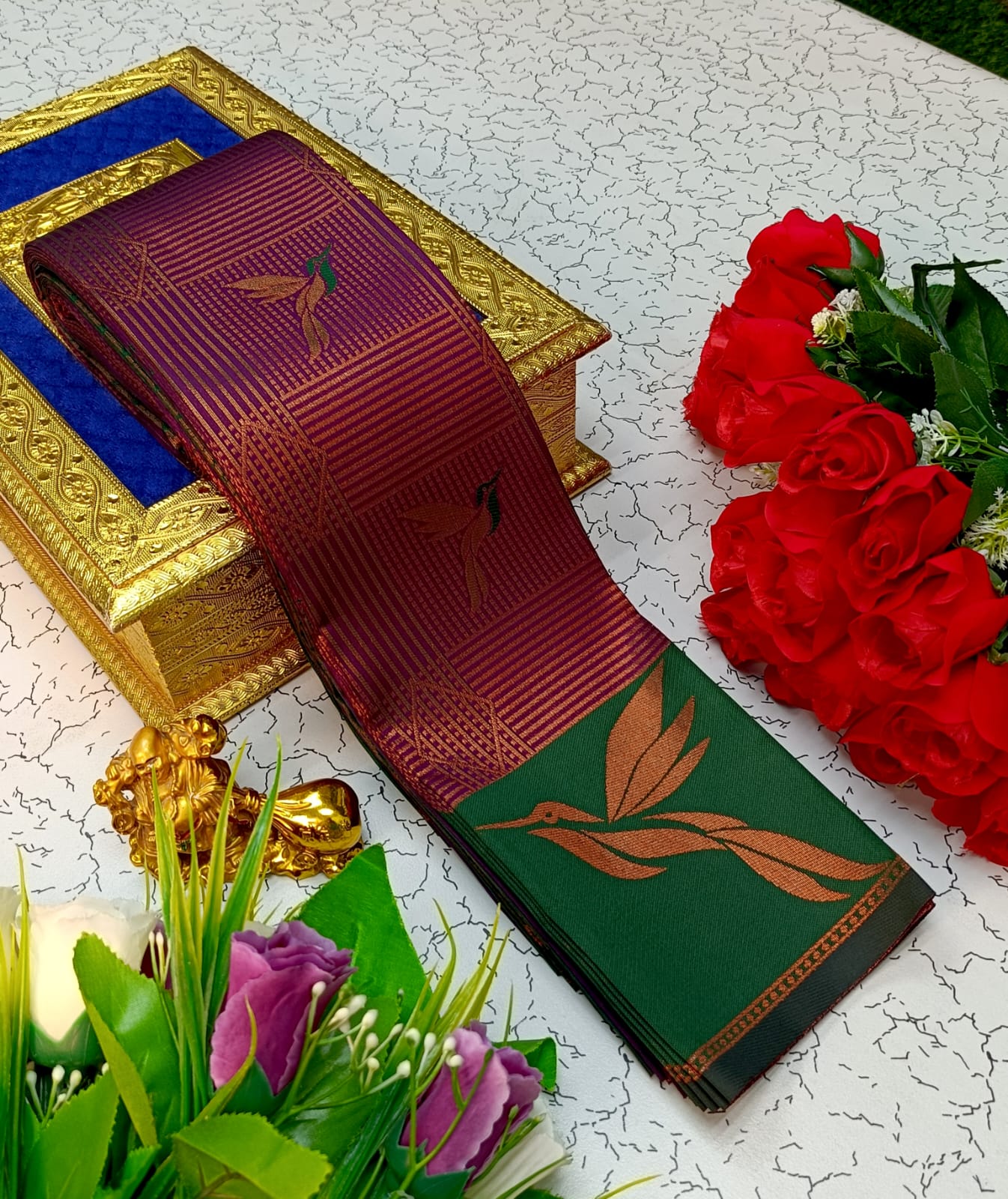 Maroon and Dark Green Kubera Soft Silk Saree