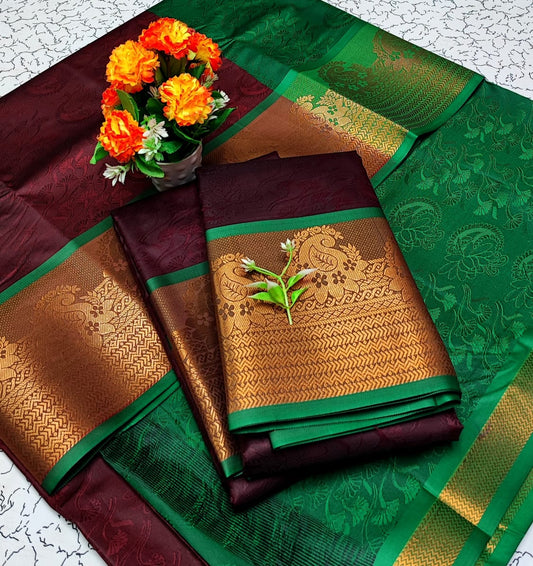 Maroon and Green Embossed Soft Silk Saree