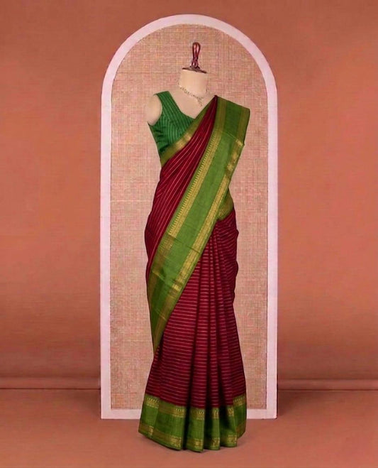 Maroon and Green Dola Zari Retta Petta Border Sari