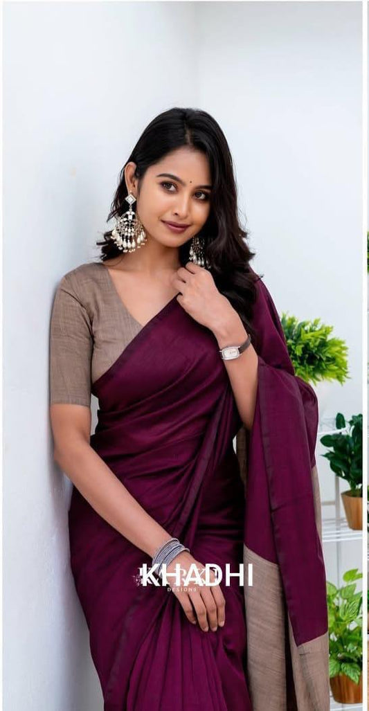Maroon with Light Brown Dual Tone Khadi Cotton Saree