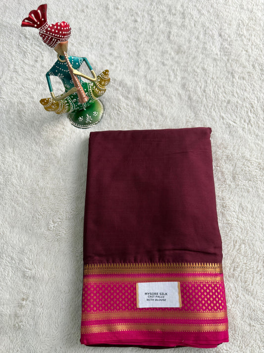 Maroon and Pink Mysore Semi Silk Saree