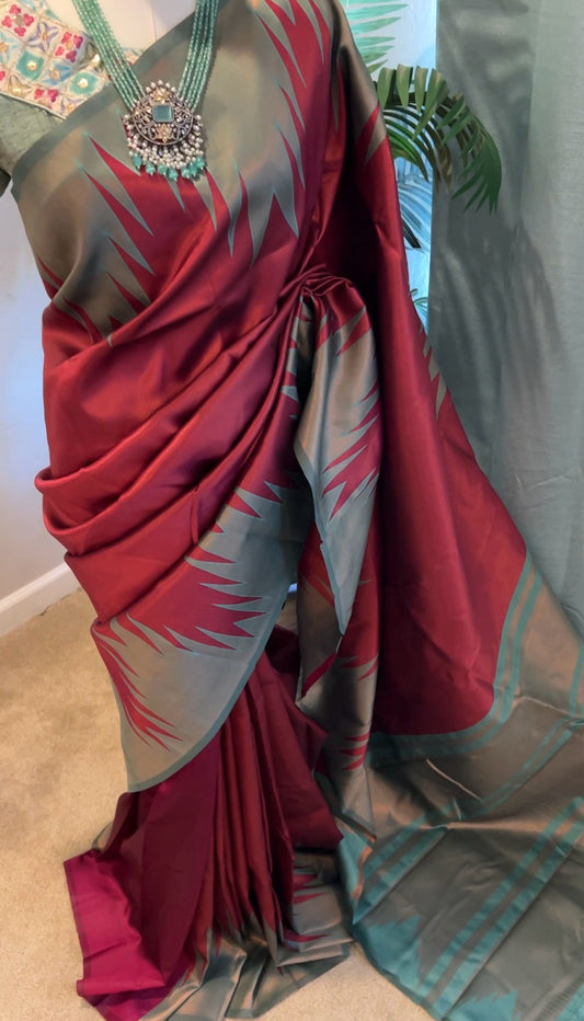 Maroon Temple Desgin Tissue Saree