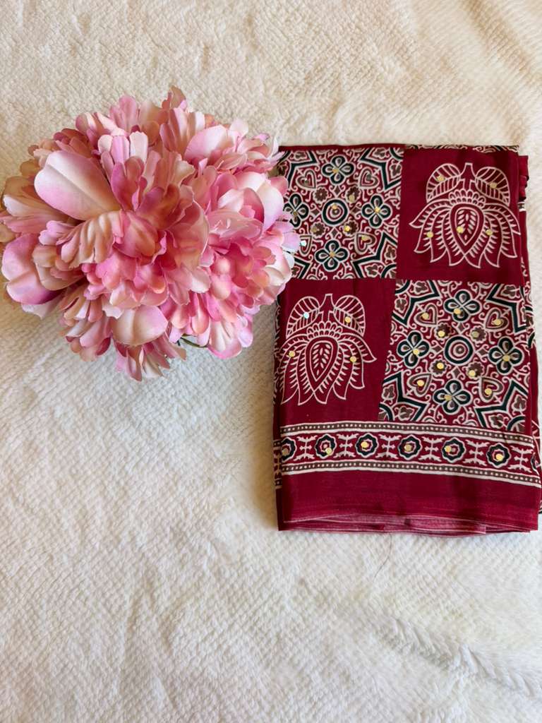 Maroon Ajrakh Print Mirror Work Fancy Saree