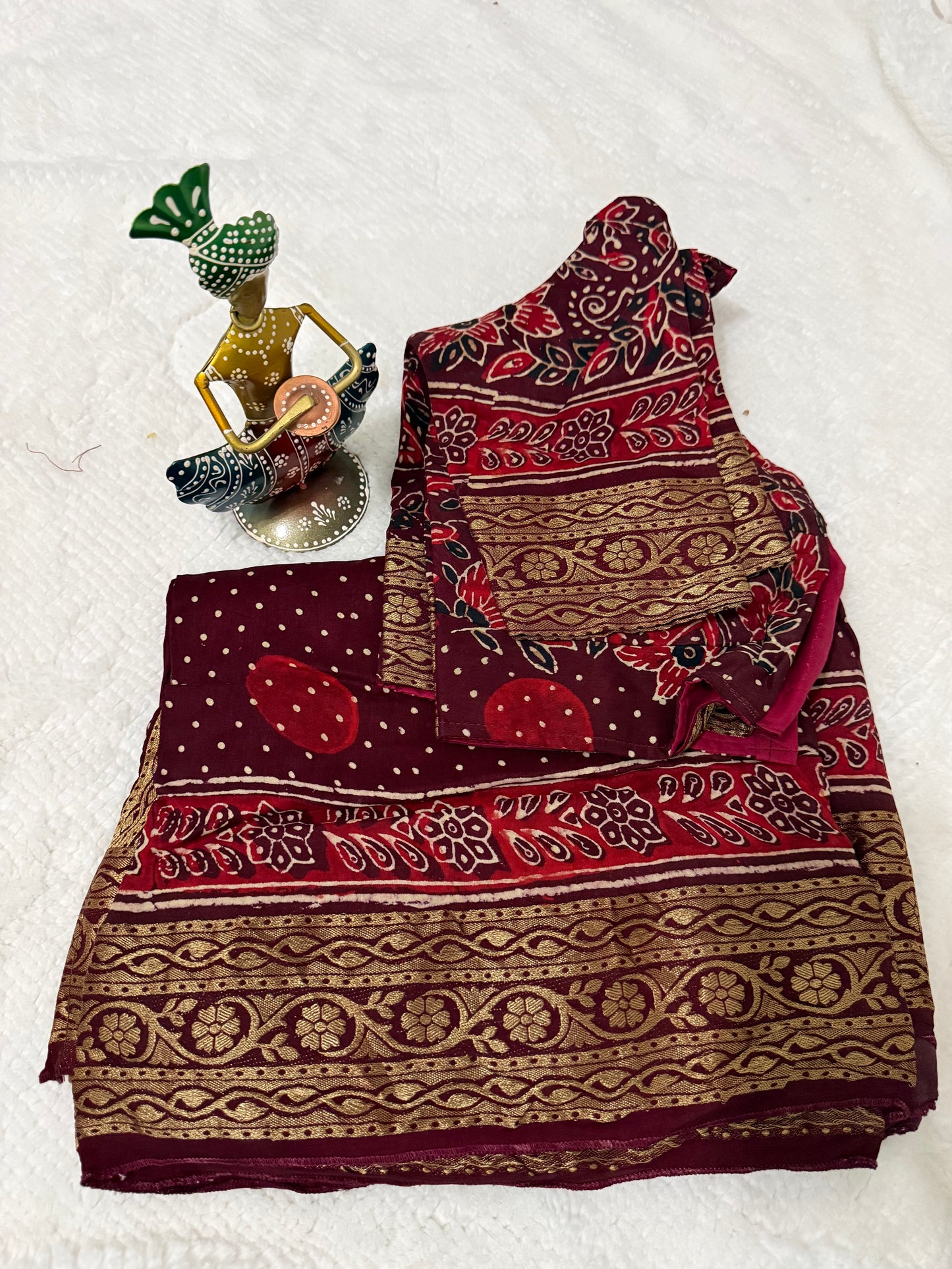 Maroon Ajrakh Print Pure Dola Silk Saree with Zari Border