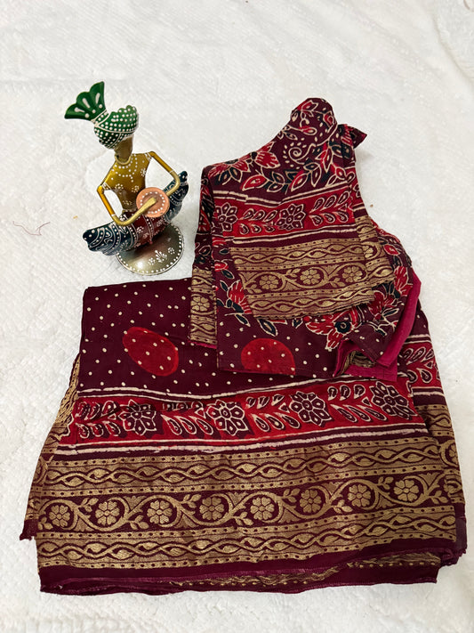 Maroon Ajrakh Print Pure Dola Silk Saree with Zari Border