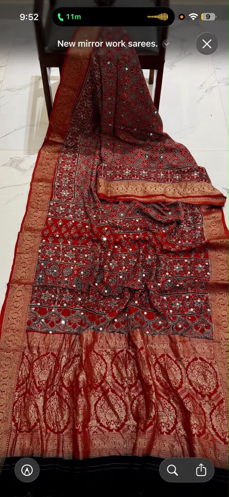 Red Mirror work Ajrakh Print Pure Dola Gajji Silk Saree