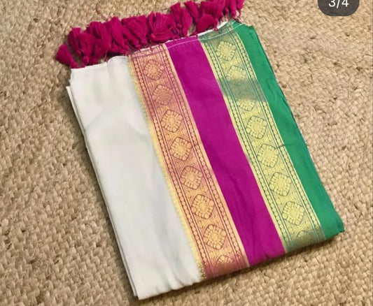 Pink and Green Border Mul Cotton Saree