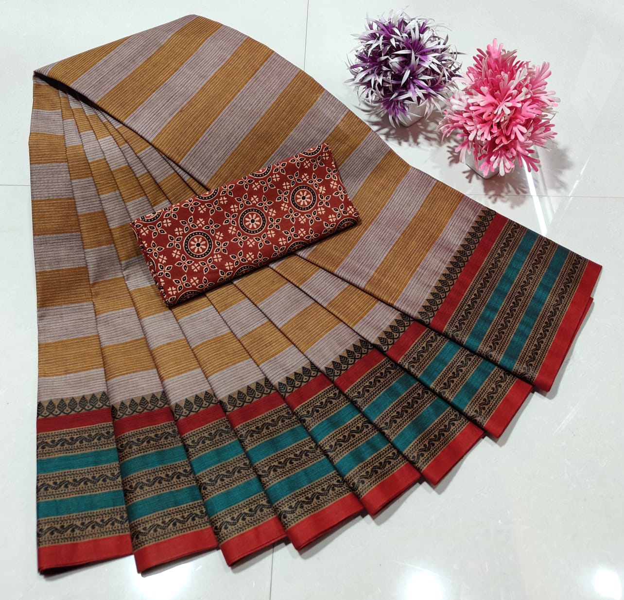 Multicolor Chettinad Royal Plain Pure Cotton Saree with Kalamkari Blouse