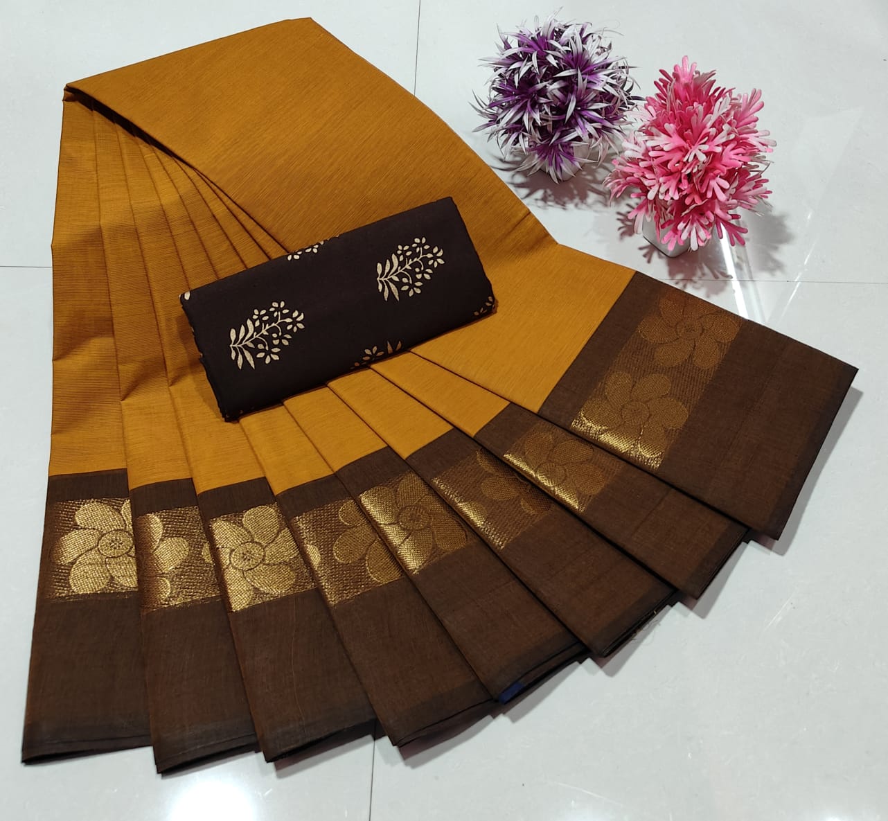 Mustard and Brown Chettinad Royal Plain Pure Cotton Saree with Kalamkari Blouse