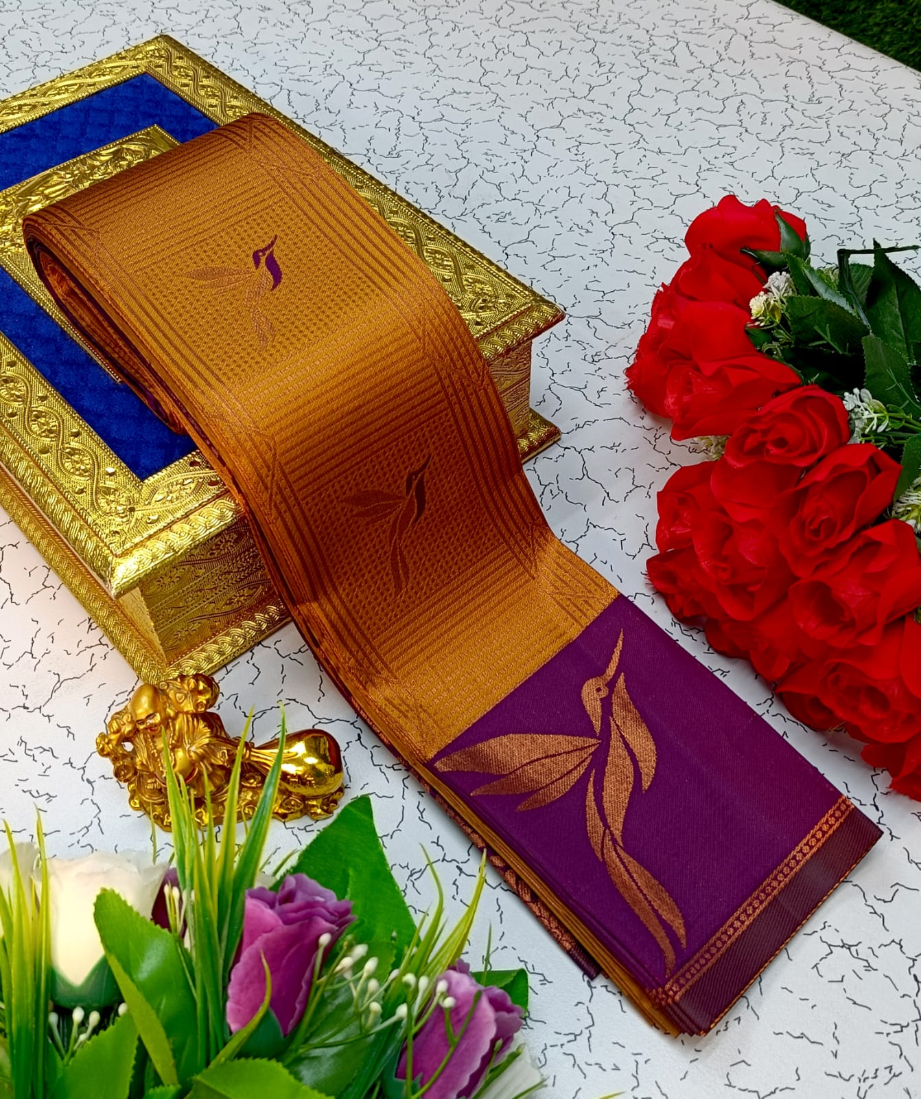 Mustard and Purple Kubera Soft Silk Saree