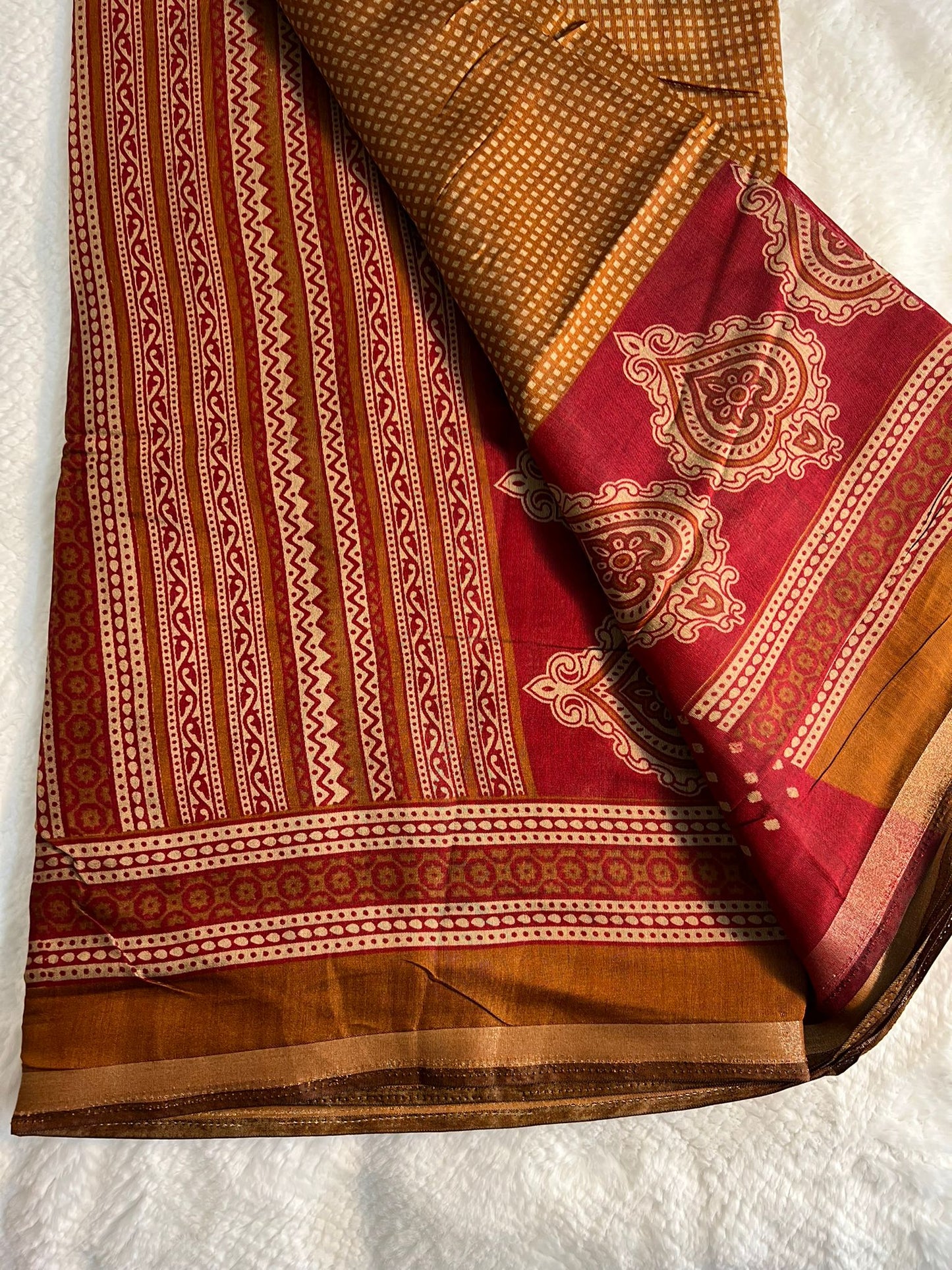 Mustard and Red Kaju Silk Cotton Saree