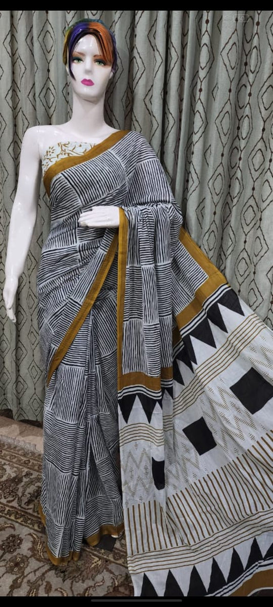 Mustard Black and White MulMul Cotton Saree