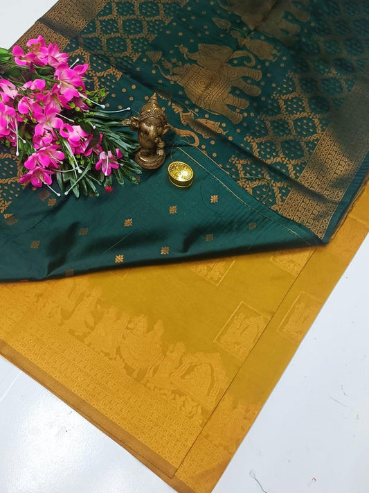 Mustard Yellow and Green Pallaku Design Soft Silk Saree