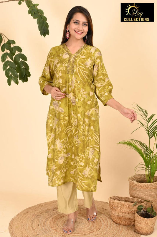 Olive Green 2 V Neck 2-Piece Chudidar Set