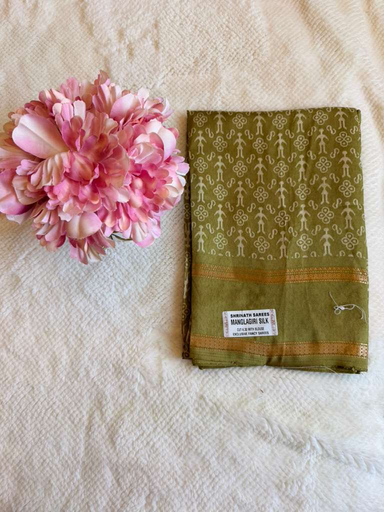 Olive Green Mangalagiri Semi Silk Saree
