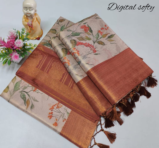 Orange Border Floral Softy Silk Saree