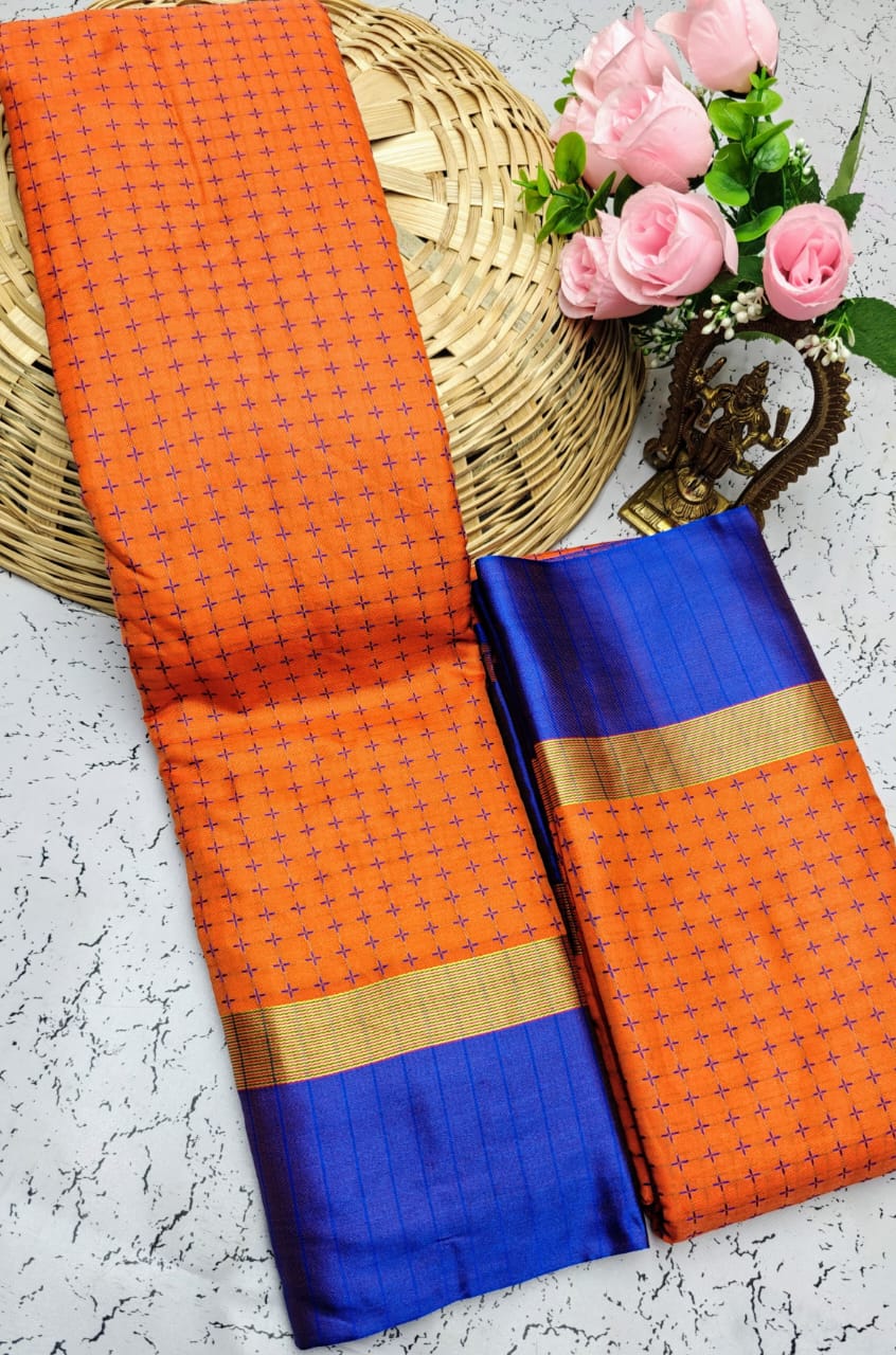 Orange and Blue Checked Pattern Arani Soft Silk Saree