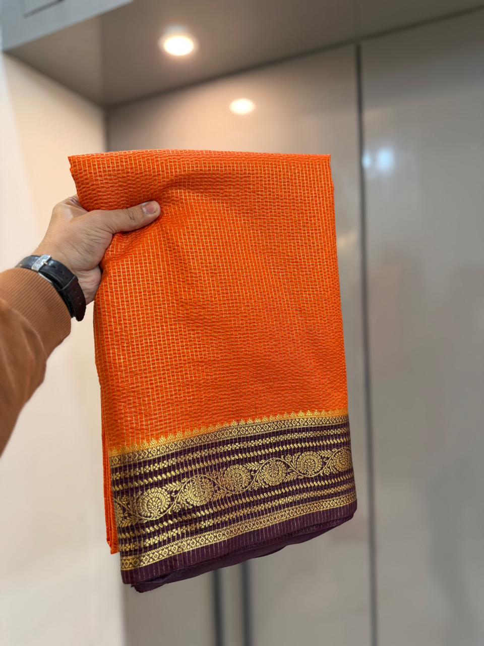 Orange and Brown Checked Pattern Warm Silk Saree