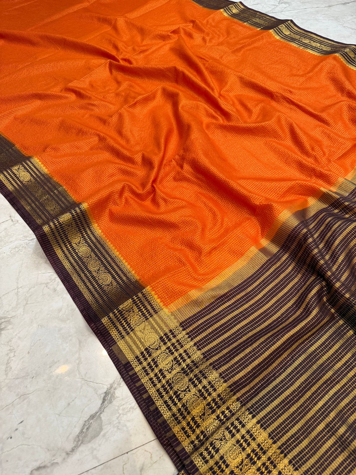 Orange and Brown Checked Pattern Warm Silk Saree