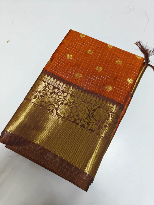 Orange and Brown Checked Tissue Silk Saree
