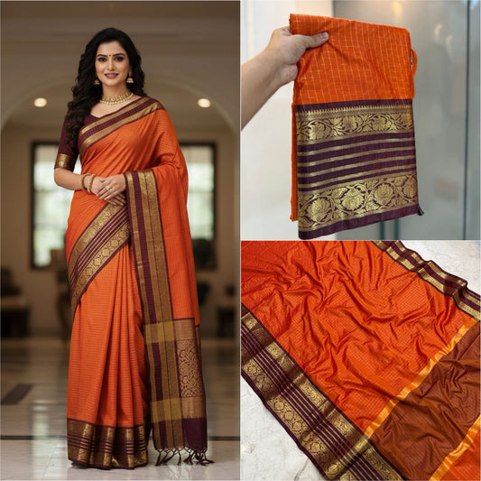 Orange and Brown Traditional Vaira Oosi Semi Silk Saree