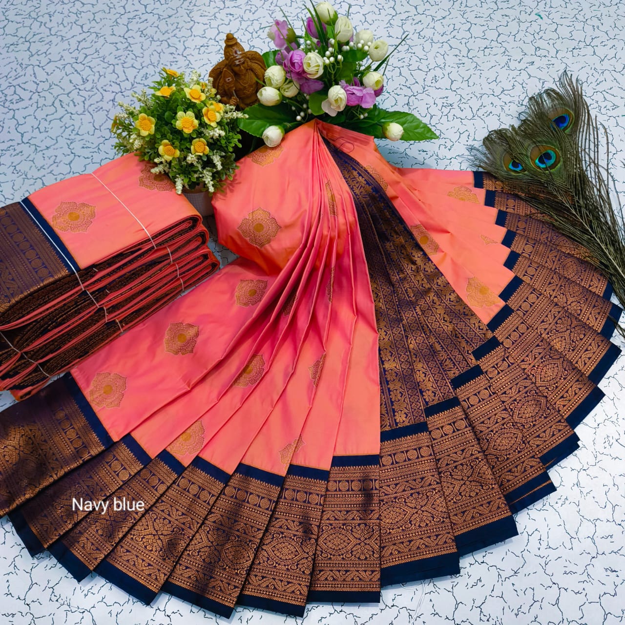 Orange and Dark Blue Mangalyam Korvai Kottanji Tana Soft Silk Saree