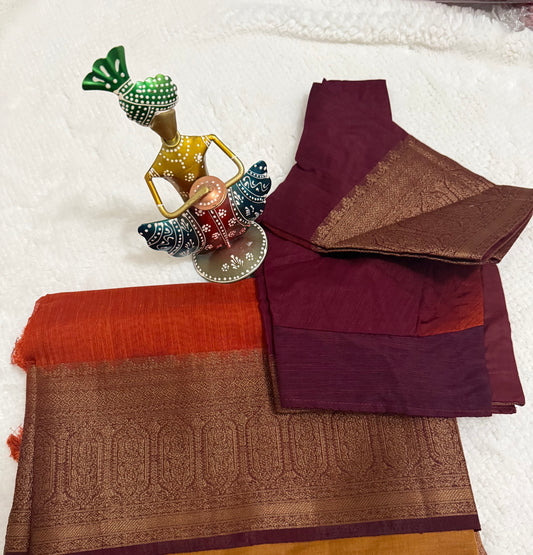 Orange and Maroon Pattern 2 Semi Jute Silk Saree