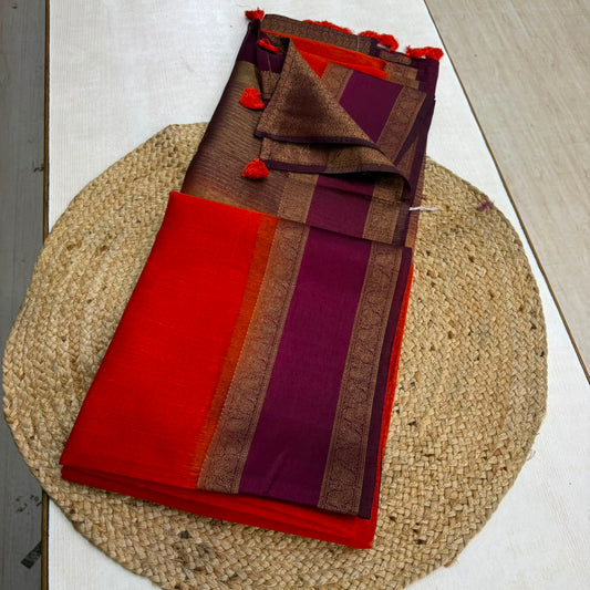 Orange and Maroon Retta Petta Semi Jute Silk Saree